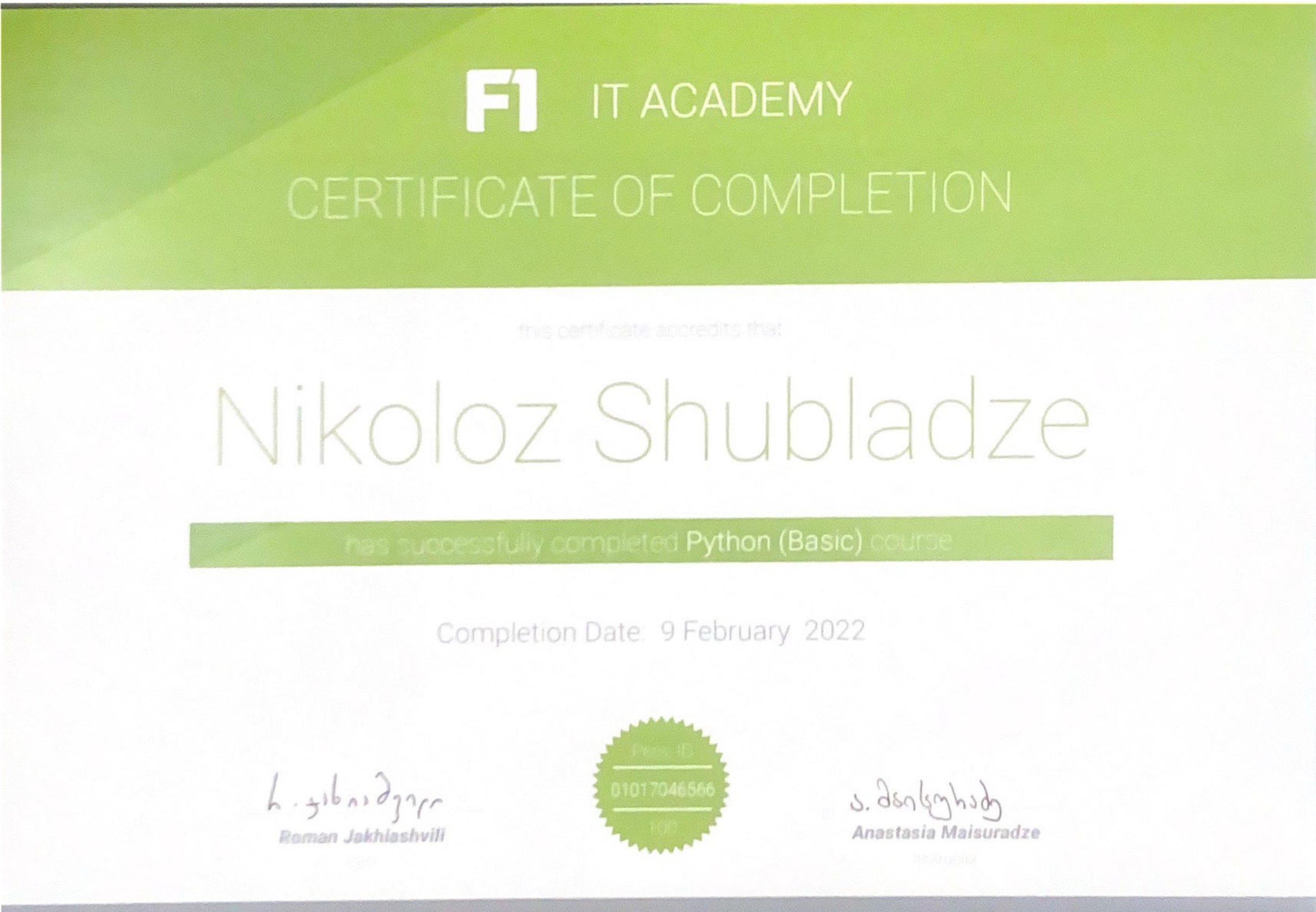 F1 academy Certification